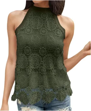 Womens Sleeveless Tops Lace Neck Blouse Solid Lace Crew Neck Tank Top Compression Women