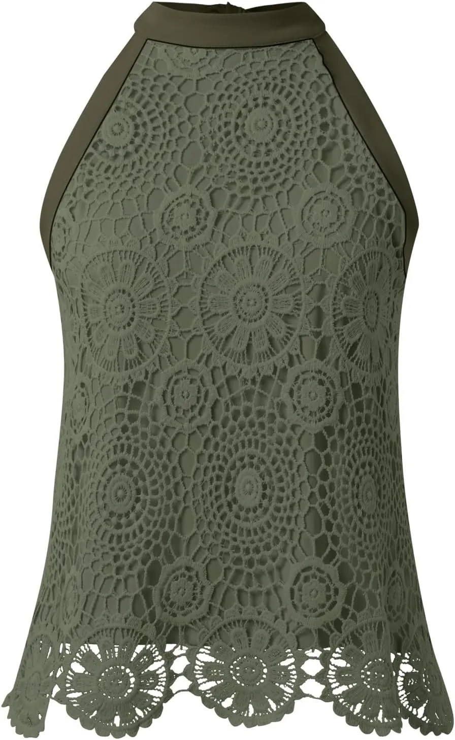 Womens Sleeveless Tops Lace Neck Blouse Solid Lace Crew Neck Tank Top Compression Women