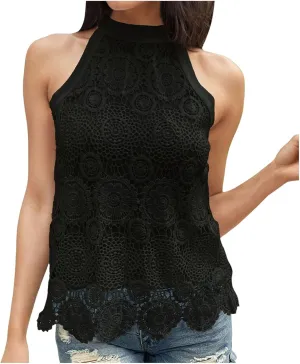 Womens Sleeveless Tops Lace Neck Blouse Solid Lace Crew Neck Tank Top Compression Women