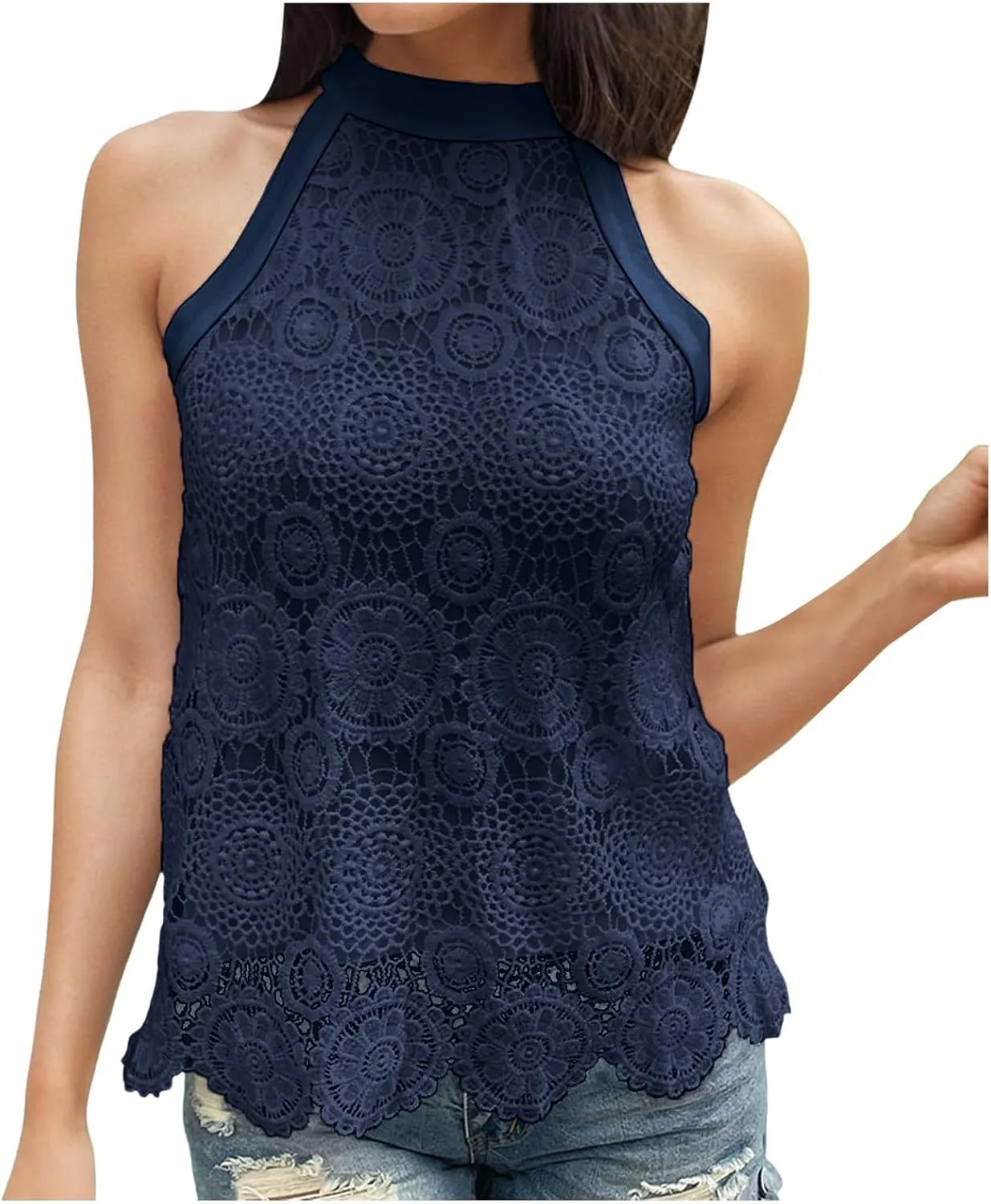 Womens Sleeveless Tops Lace Neck Blouse Solid Lace Crew Neck Tank Top Compression Women