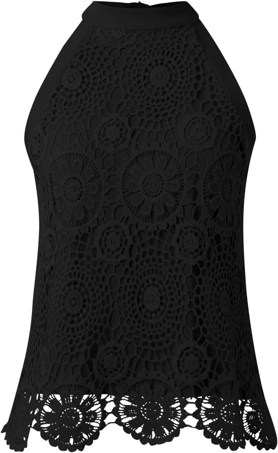 Womens Sleeveless Tops Lace Neck Blouse Solid Lace Crew Neck Tank Top Compression Women