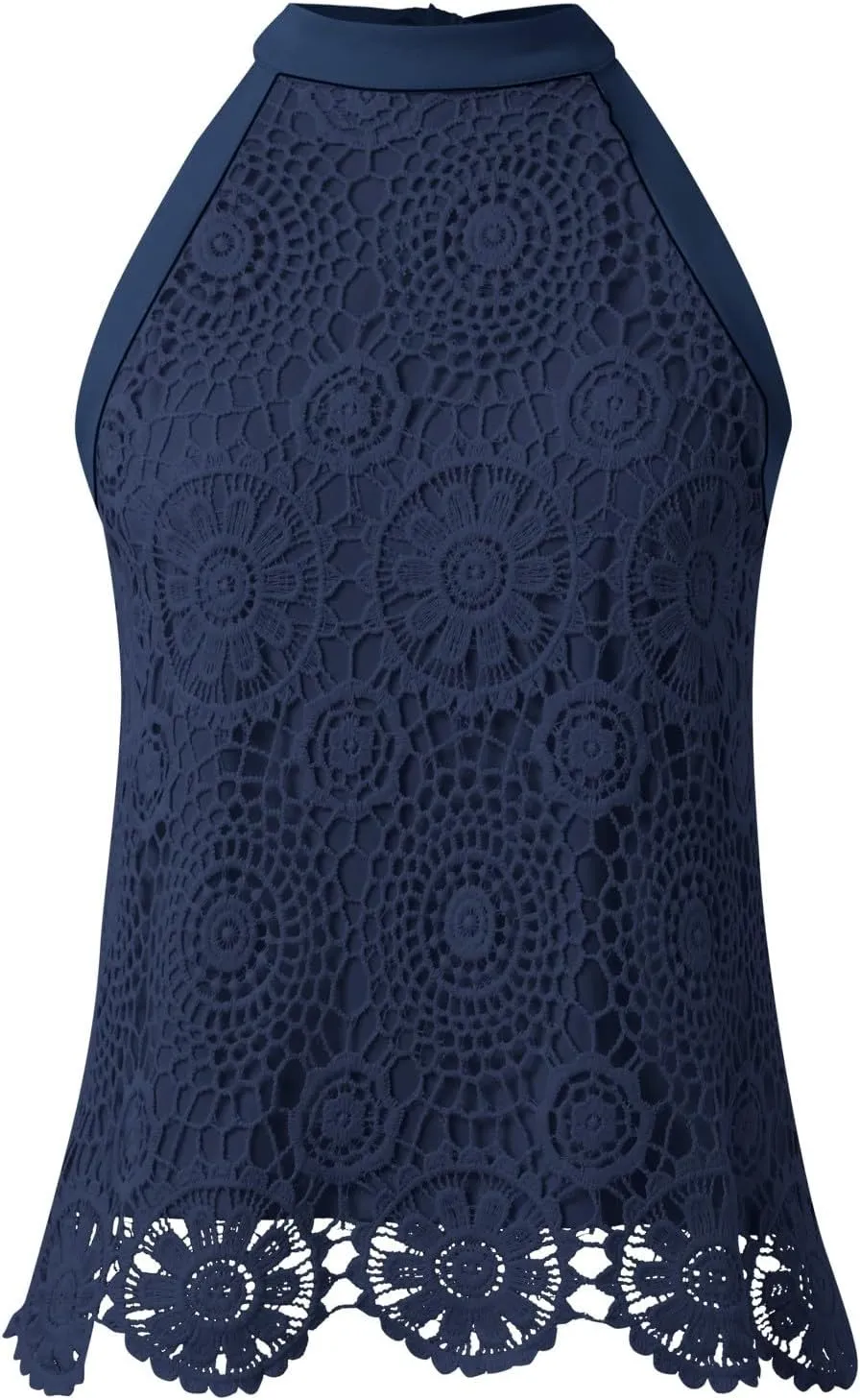 Womens Sleeveless Tops Lace Neck Blouse Solid Lace Crew Neck Tank Top Compression Women