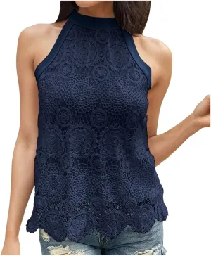 Womens Sleeveless Tops Lace Neck Blouse Solid Lace Crew Neck Tank Top Compression Women
