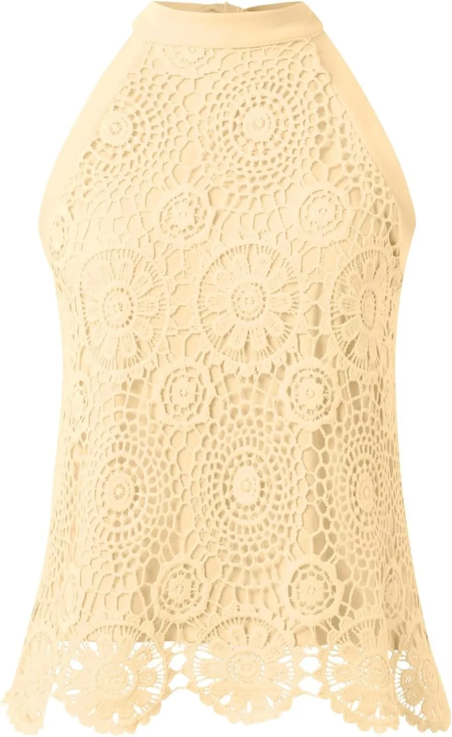 Womens Sleeveless Tops Lace Neck Blouse Solid Lace Crew Neck Tank Top Compression Women