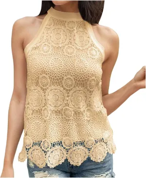 Womens Sleeveless Tops Lace Neck Blouse Solid Lace Crew Neck Tank Top Compression Women