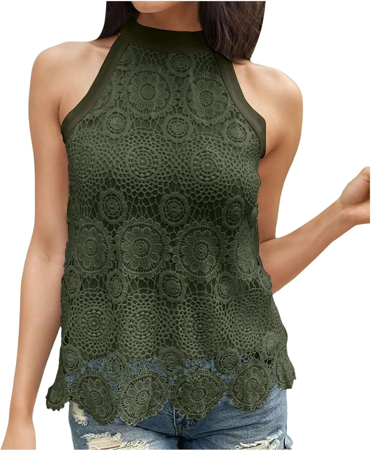 Womens Sleeveless Tops Lace Neck Blouse Solid Lace Crew Neck Tank Top Compression Women
