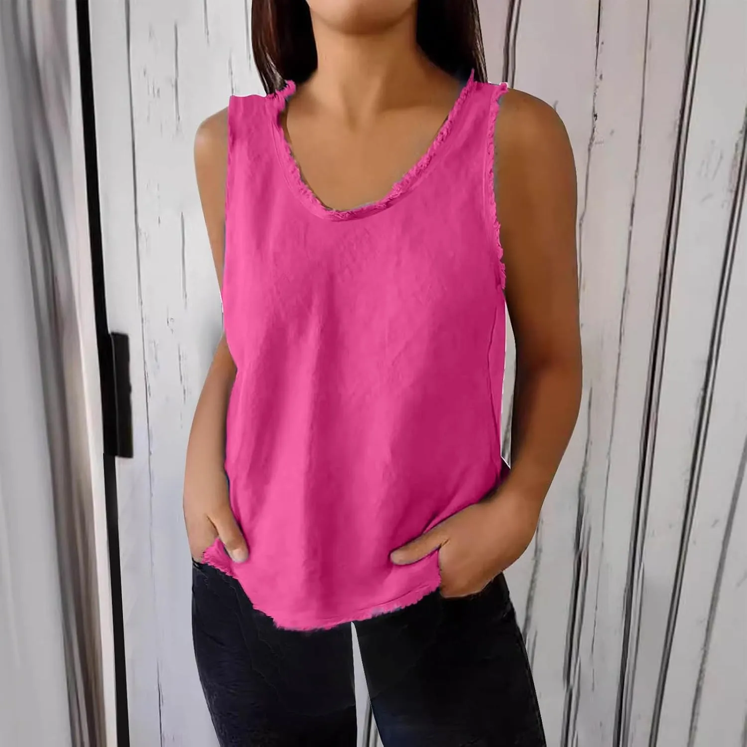 Womens Sleeveless V Neck Cotton Linen Tank Tops 2025 Summer Tank Shirts Solid Color Raw Edge Hem Camisoles Tees