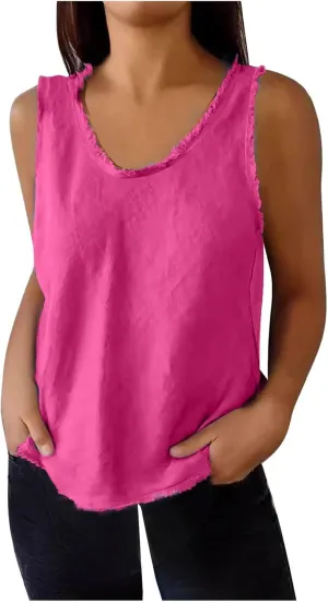 Womens Sleeveless V Neck Cotton Linen Tank Tops 2025 Summer Tank Shirts Solid Color Raw Edge Hem Camisoles Tees