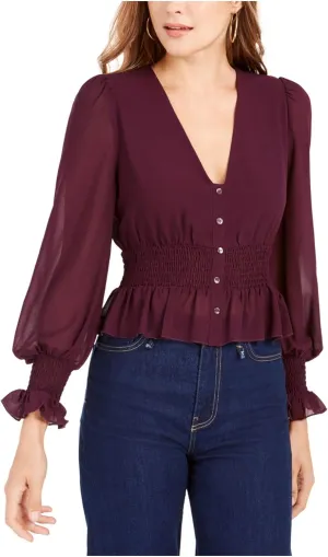 Womens Smocked Ruffled Blouse Purple XL