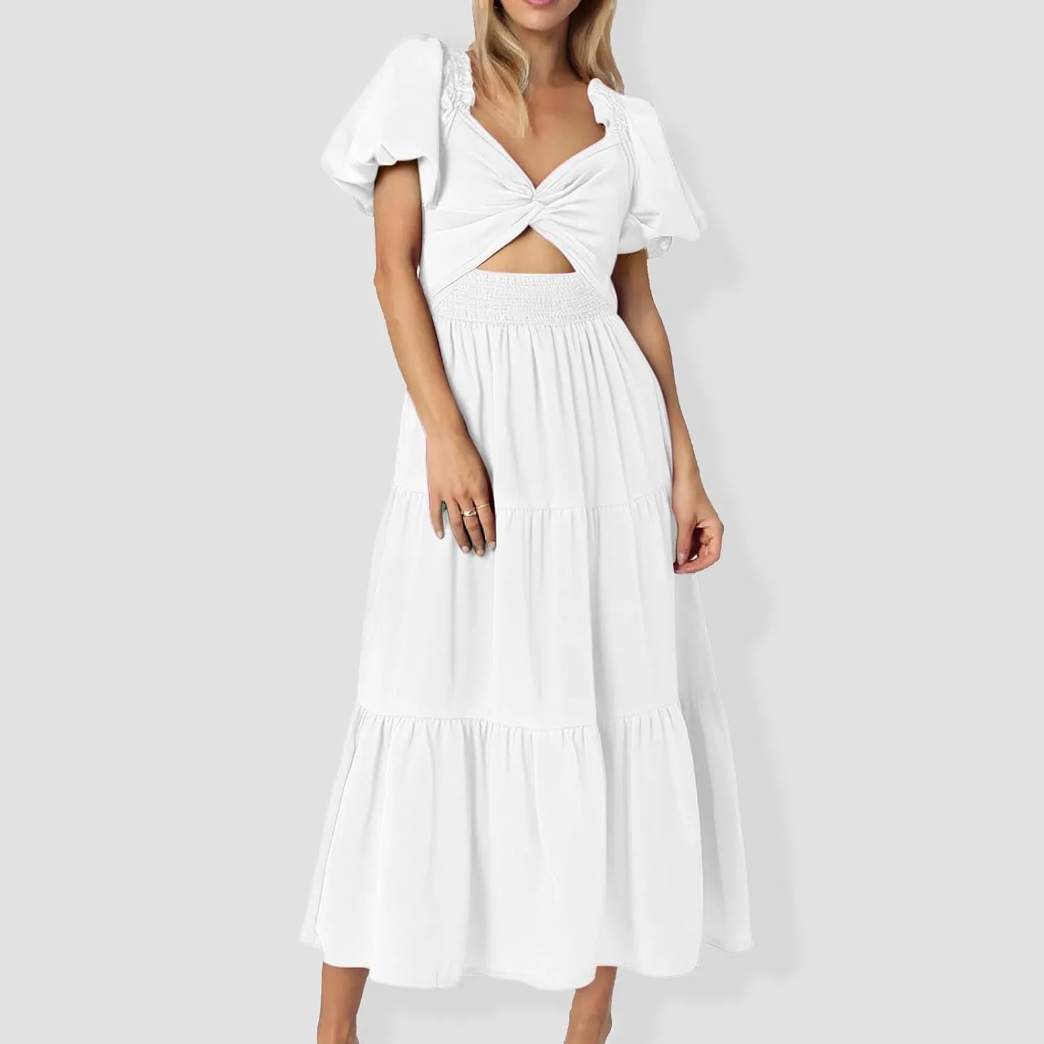 Women's Solid V Neck Long Sleeve Puff Sleeve Slimming Dress Plus Size Wrap Dresses for Women