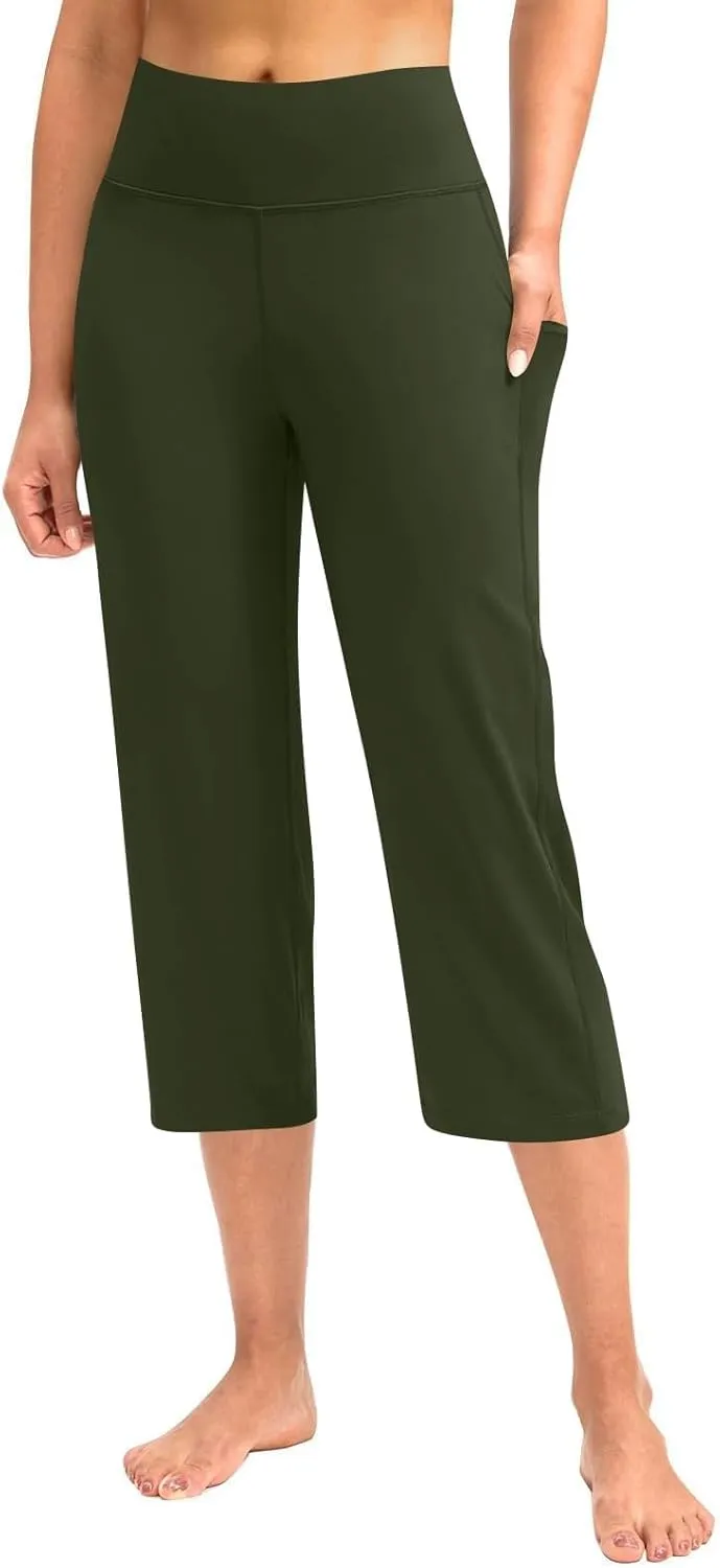 Womens Stretchy Yoga Cropped Pants High Waist Exercises Workout Leggings Tummy Control Straight Capris with Pockets
