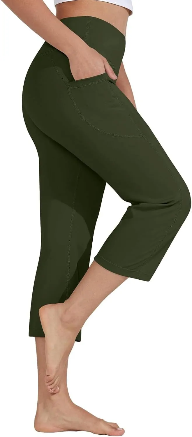 Womens Stretchy Yoga Cropped Pants High Waist Exercises Workout Leggings Tummy Control Straight Capris with Pockets