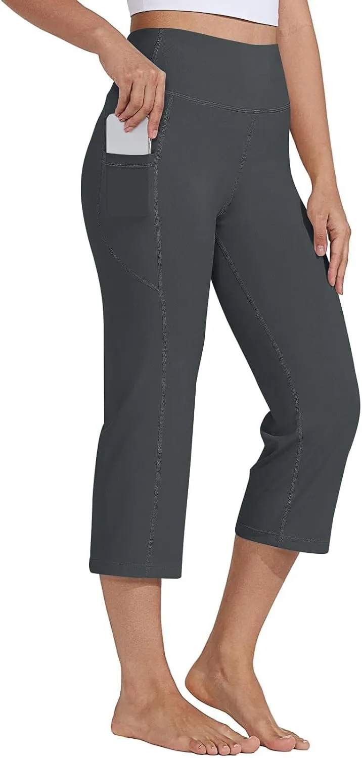 Womens Stretchy Yoga Cropped Pants High Waist Exercises Workout Leggings Tummy Control Straight Capris with Pockets