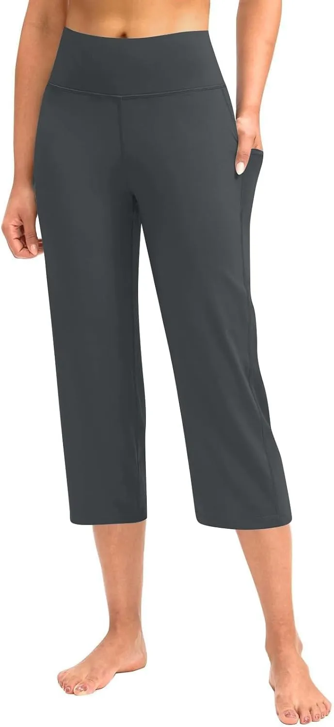 Womens Stretchy Yoga Cropped Pants High Waist Exercises Workout Leggings Tummy Control Straight Capris with Pockets