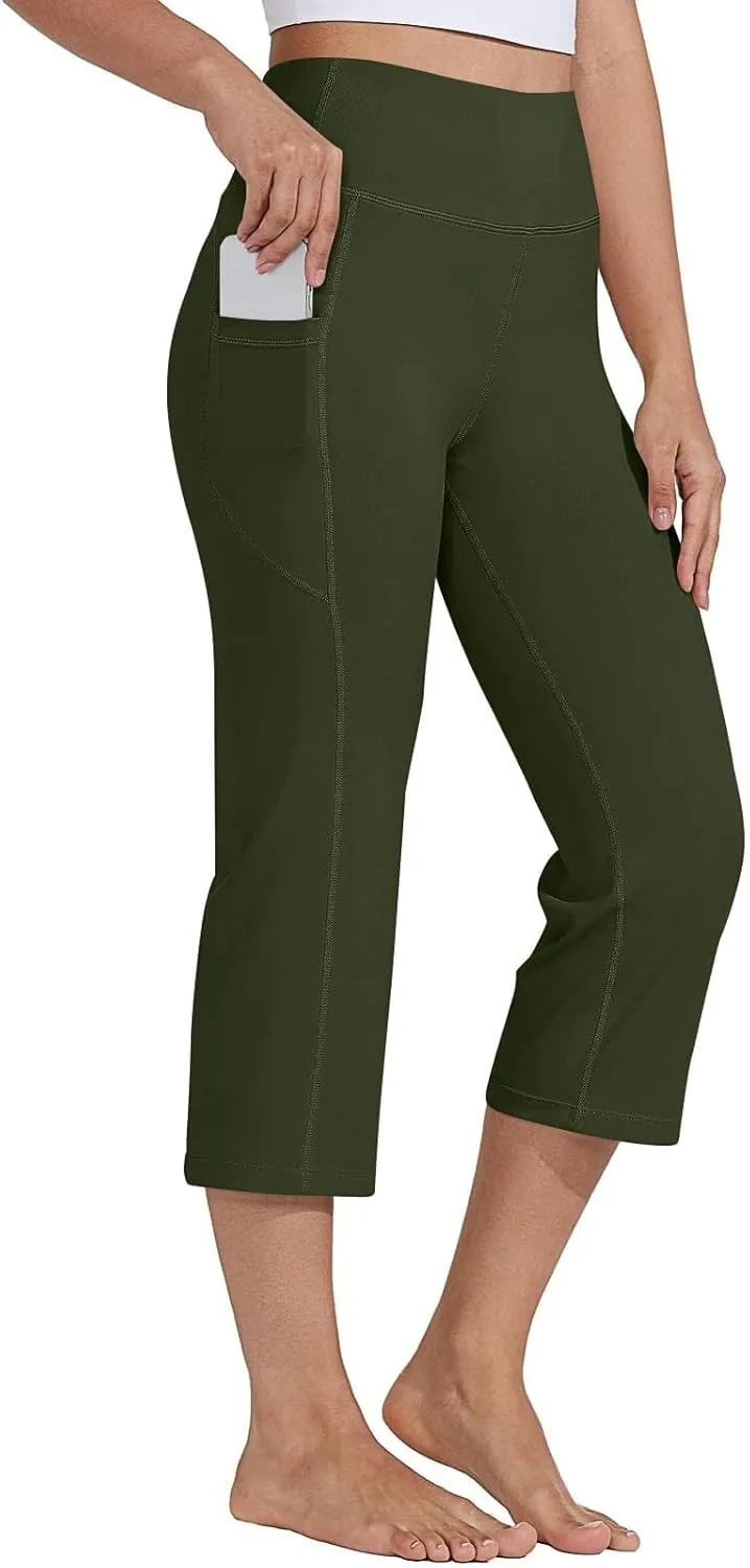 Womens Stretchy Yoga Cropped Pants High Waist Exercises Workout Leggings Tummy Control Straight Capris with Pockets