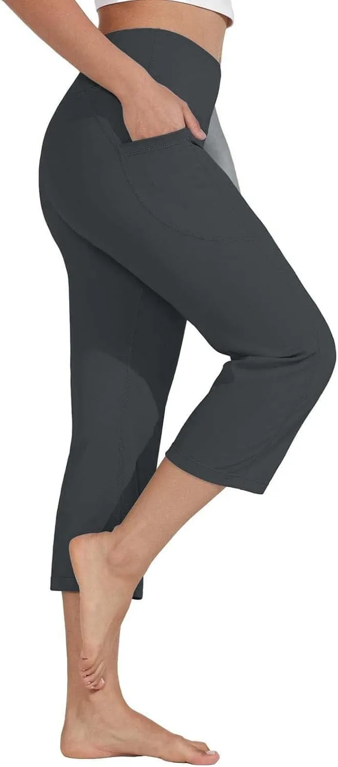 Womens Stretchy Yoga Cropped Pants High Waist Exercises Workout Leggings Tummy Control Straight Capris with Pockets