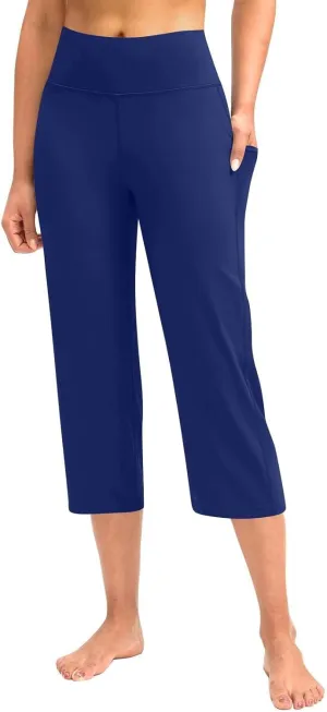 Womens Stretchy Yoga Cropped Pants High Waist Exercises Workout Leggings Tummy Control Straight Capris with Pockets