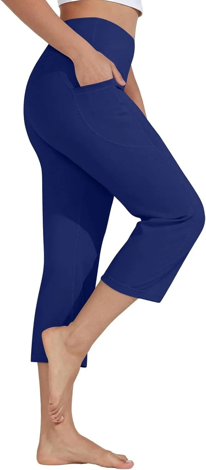 Womens Stretchy Yoga Cropped Pants High Waist Exercises Workout Leggings Tummy Control Straight Capris with Pockets