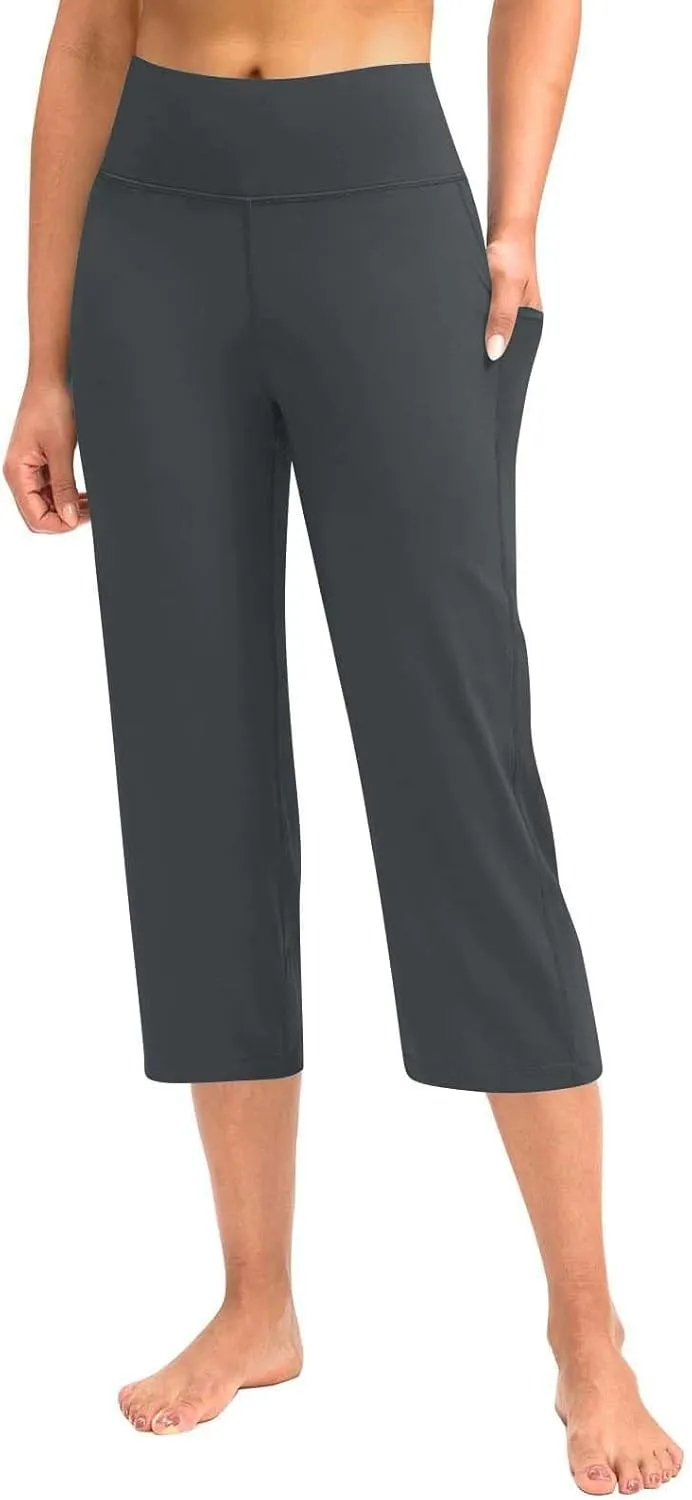 Womens Stretchy Yoga Cropped Pants High Waist Exercises Workout Leggings Tummy Control Straight Capris with Pockets