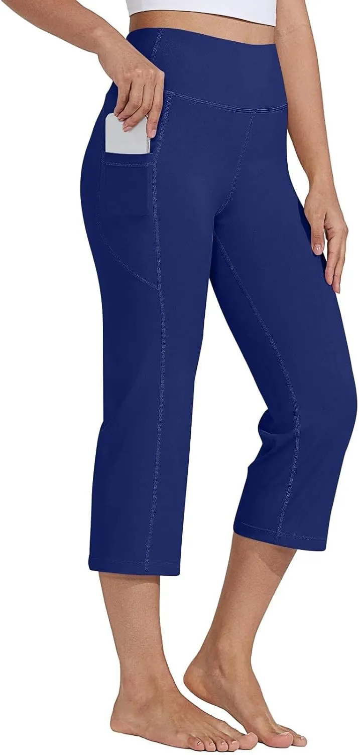 Womens Stretchy Yoga Cropped Pants High Waist Exercises Workout Leggings Tummy Control Straight Capris with Pockets