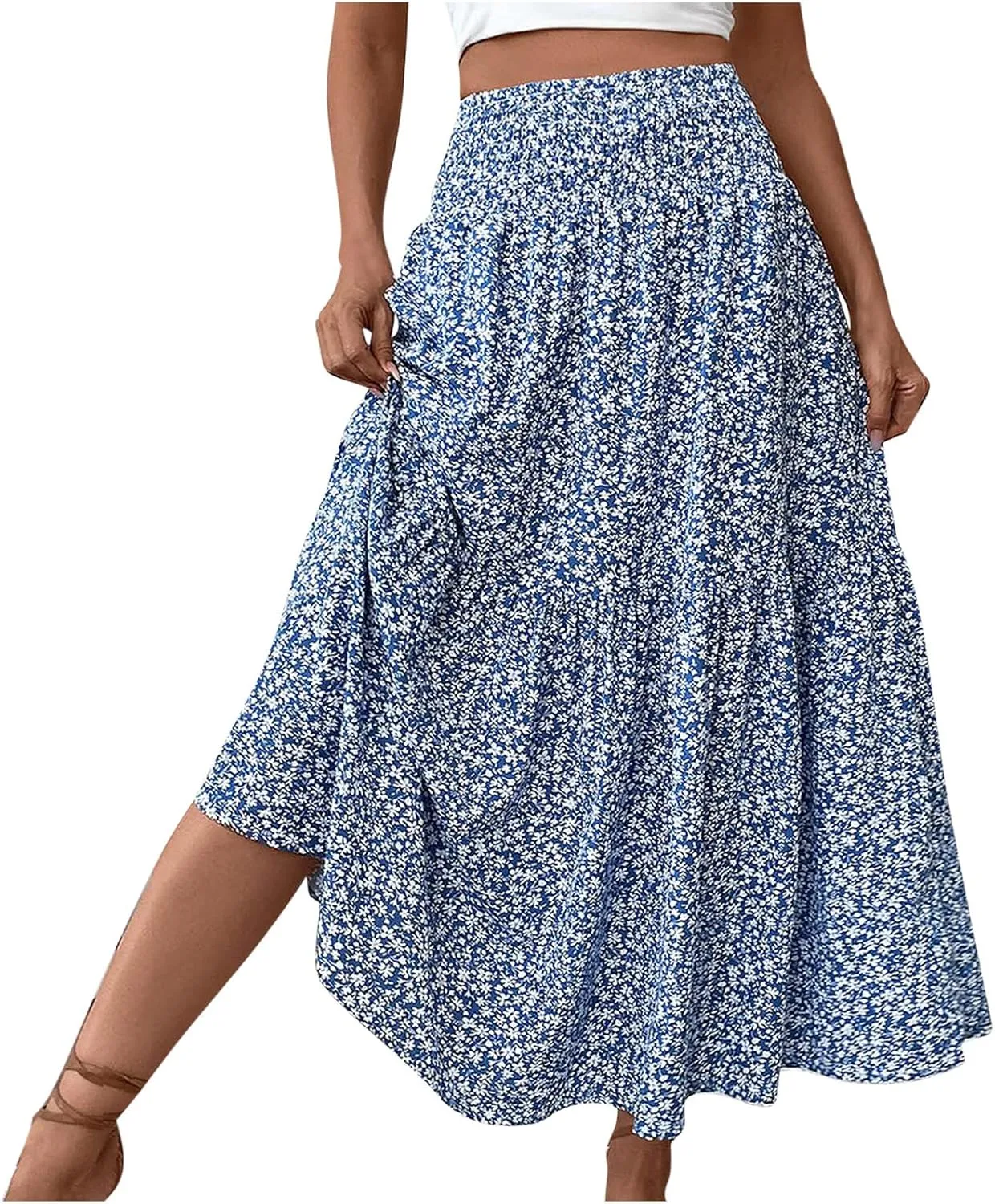 Womens Summer Boho Floral Flowy Tiered Maxi Skirt Fashion Elastic High Waist Pleated Vacation Beach Long Skirts