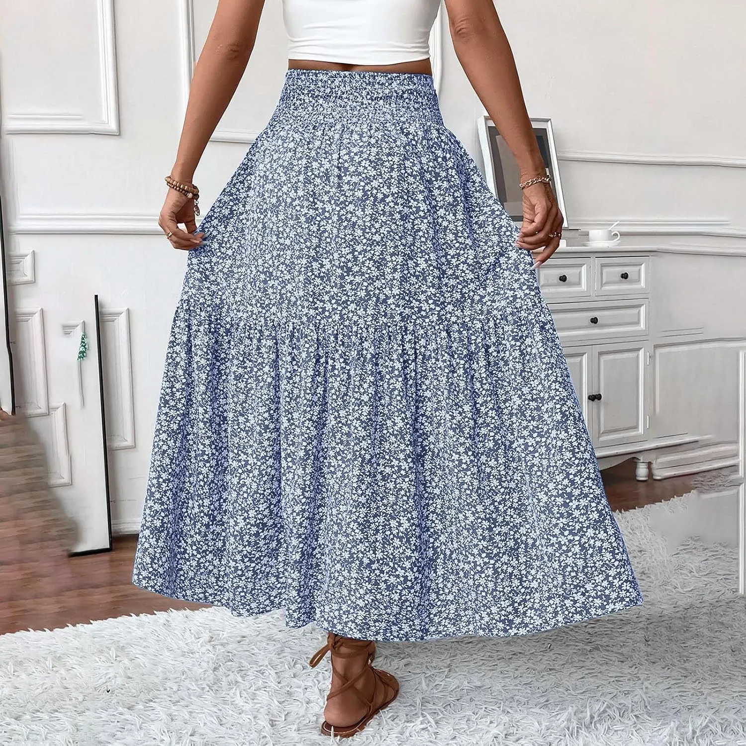 Womens Summer Boho Floral Flowy Tiered Maxi Skirt Fashion Elastic High Waist Pleated Vacation Beach Long Skirts