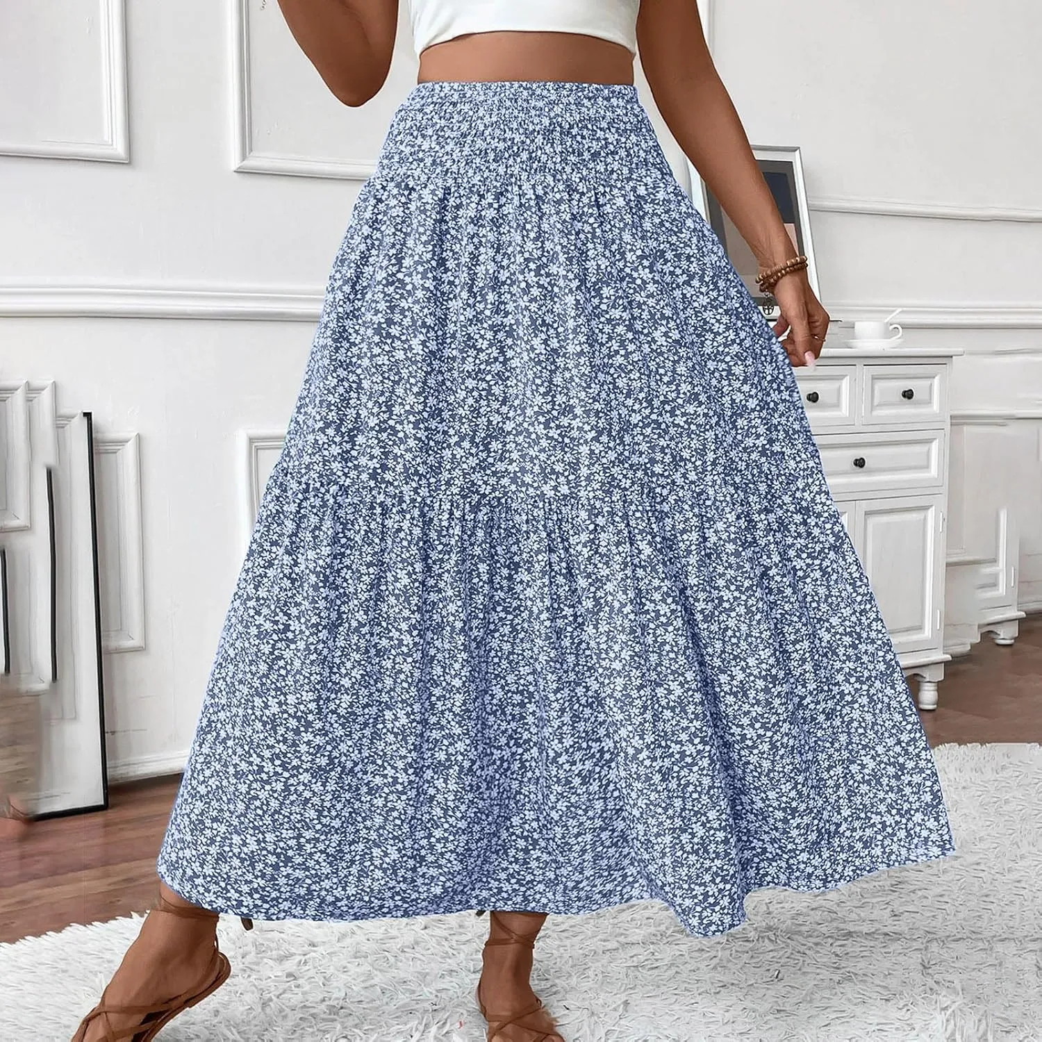 Womens Summer Boho Floral Flowy Tiered Maxi Skirt Fashion Elastic High Waist Pleated Vacation Beach Long Skirts