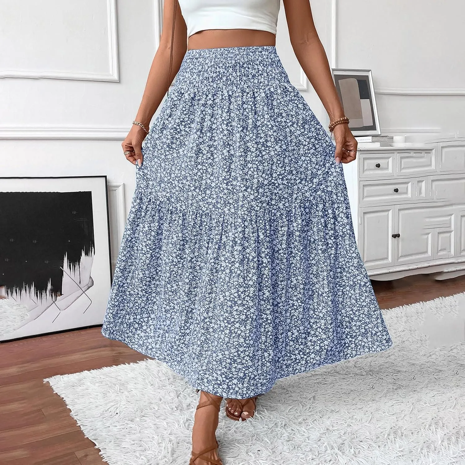 Womens Summer Boho Floral Flowy Tiered Maxi Skirt Fashion Elastic High Waist Pleated Vacation Beach Long Skirts