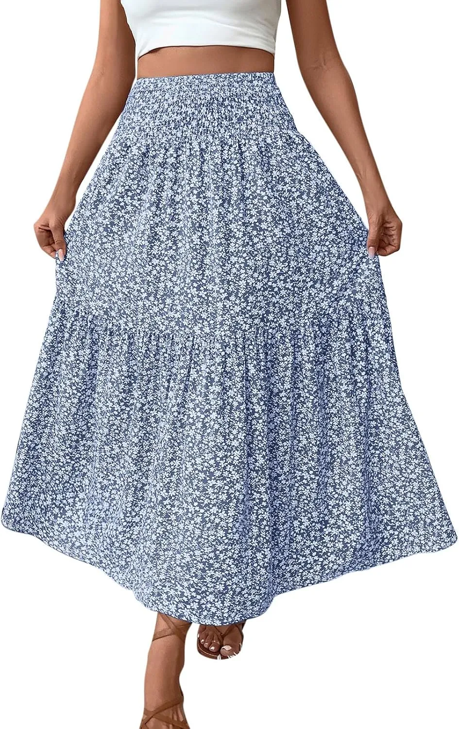 Womens Summer Boho Floral Flowy Tiered Maxi Skirt Fashion Elastic High Waist Pleated Vacation Beach Long Skirts