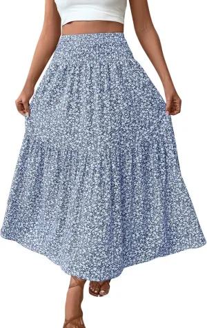 Womens Summer Boho Floral Flowy Tiered Maxi Skirt Fashion Elastic High Waist Pleated Vacation Beach Long Skirts