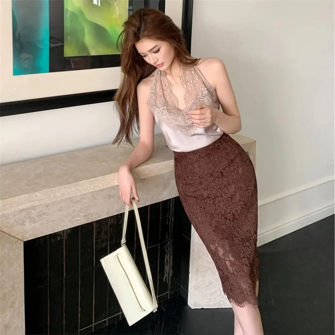 Women's Summer Lace Hollow Out Lace Bodycon Mid Length Sexy Midi Knee Length Skirts