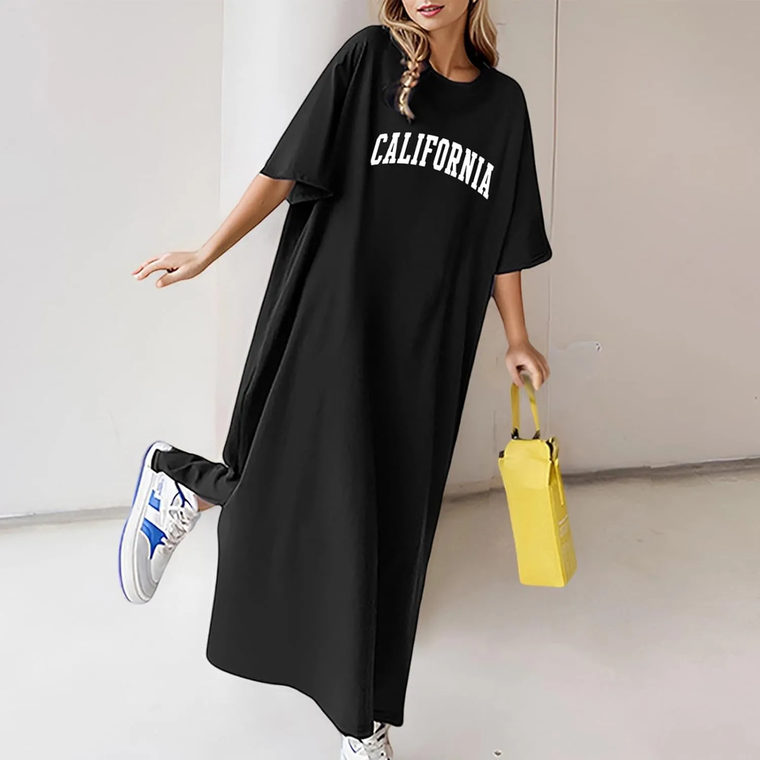 Women's Summer Loose Casual Flower Print Short Sleeve T Shirt Long Dress Women Maxi Dresses Floral
