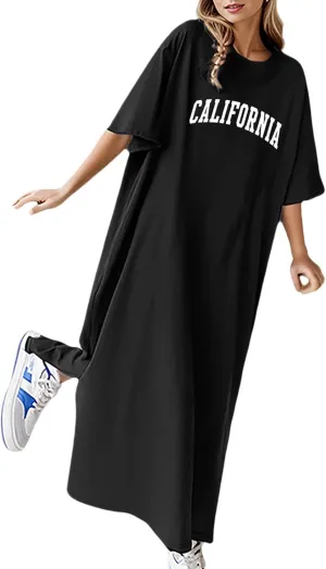 Women's Summer Loose Casual Flower Print Short Sleeve T Shirt Long Dress Women Maxi Dresses Floral