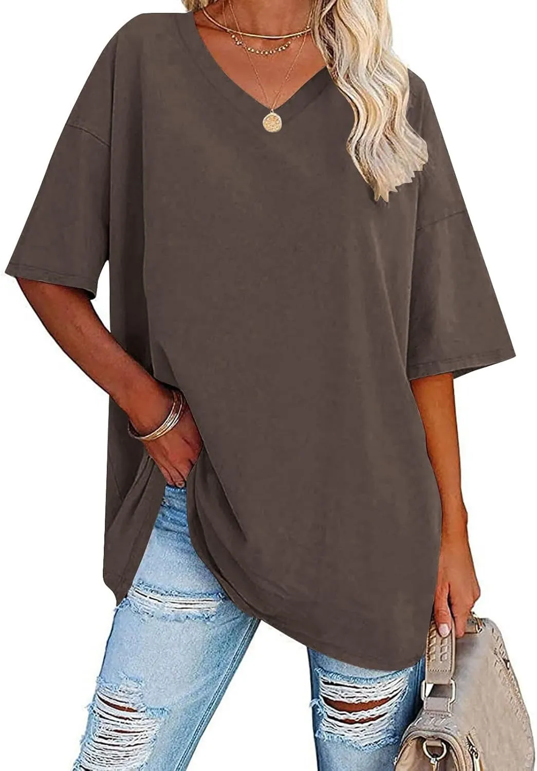 Women's Summer Oversized T-Shirts Short Sleeve Drop Shoulder Tops Casual V Neck Loose Fit Tees Solid Color Tunic Top
