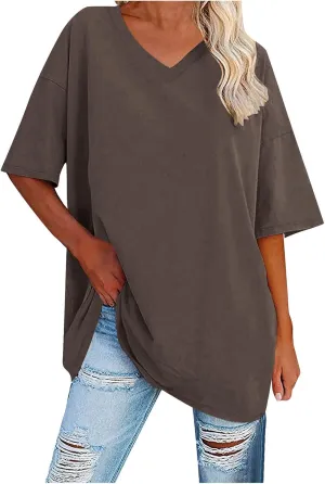 Women's Summer Oversized T-Shirts Short Sleeve Drop Shoulder Tops Casual V Neck Loose Fit Tees Solid Color Tunic Top