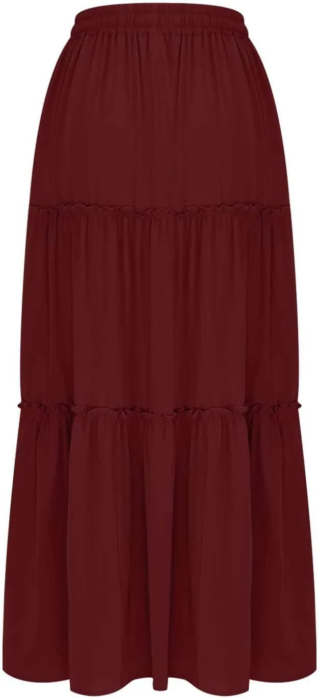 Women's Summer Pleated Maxi Skirts Ruffle Beach Long Skirt Elegant Solid Bohemian Vacation Skirts 2025 Trendy
