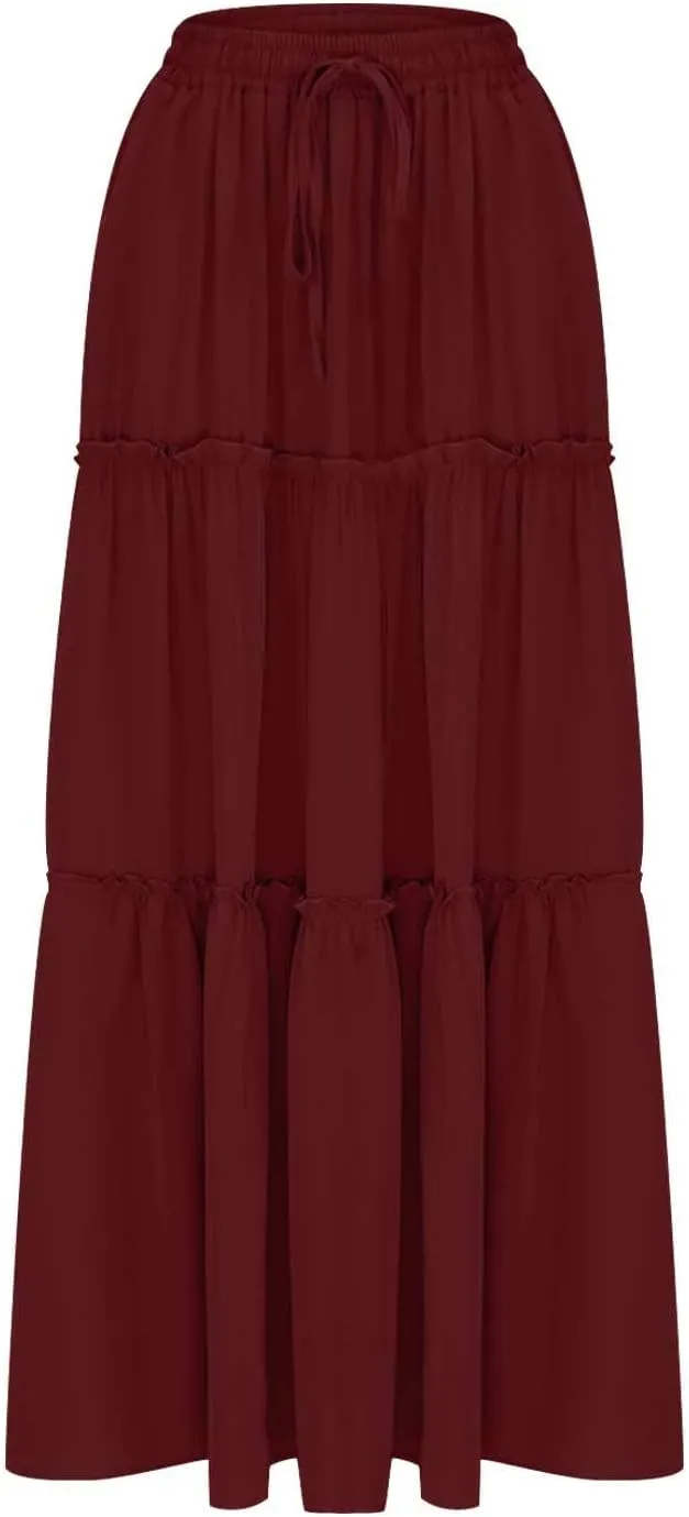 Women's Summer Pleated Maxi Skirts Ruffle Beach Long Skirt Elegant Solid Bohemian Vacation Skirts 2025 Trendy