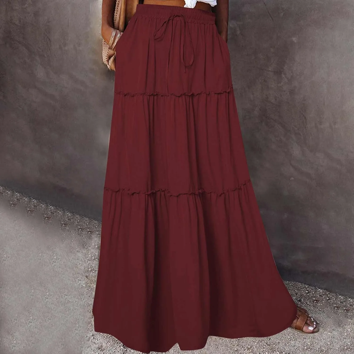 Women's Summer Pleated Maxi Skirts Ruffle Beach Long Skirt Elegant Solid Bohemian Vacation Skirts 2025 Trendy