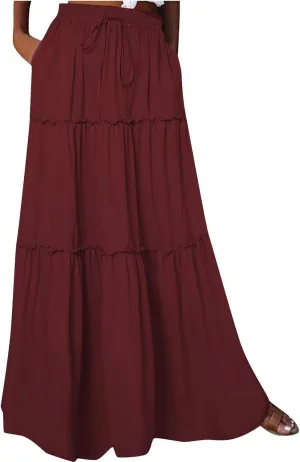 Women's Summer Pleated Maxi Skirts Ruffle Beach Long Skirt Elegant Solid Bohemian Vacation Skirts 2025 Trendy