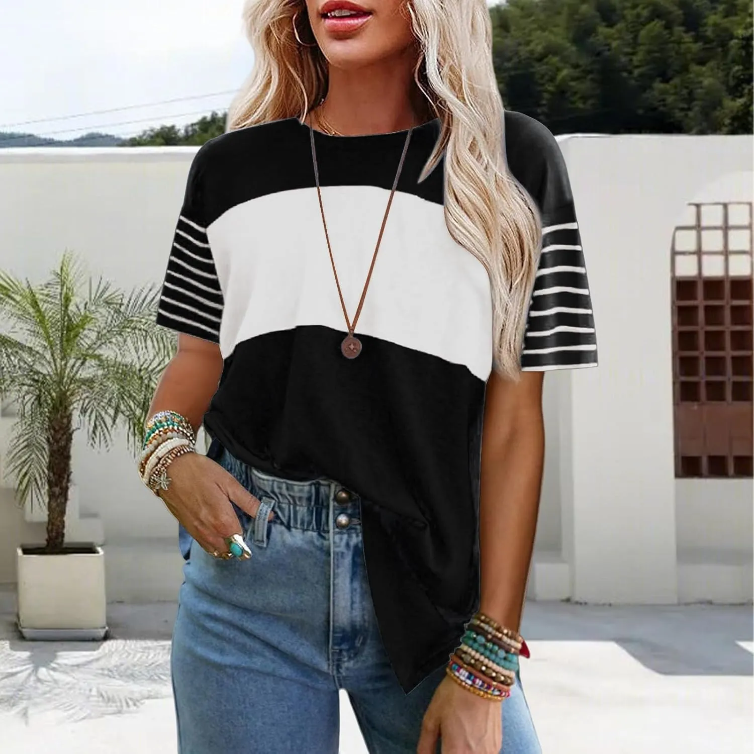 Womens Summer T-Shirts Crewneck Striped Color Block Shirts Casual Loose Fit Tshirts Oversized 2025 Trendy Tops