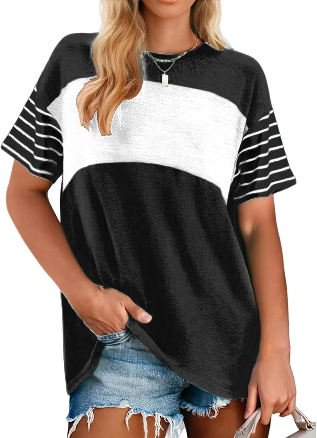 Womens Summer T-Shirts Crewneck Striped Color Block Shirts Casual Loose Fit Tshirts Oversized 2025 Trendy Tops