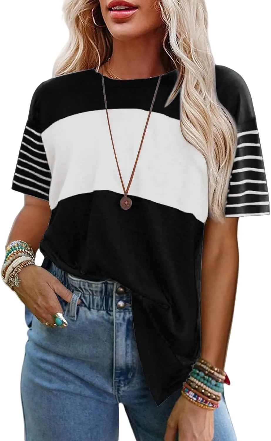 Womens Summer T-Shirts Crewneck Striped Color Block Shirts Casual Loose Fit Tshirts Oversized 2025 Trendy Tops