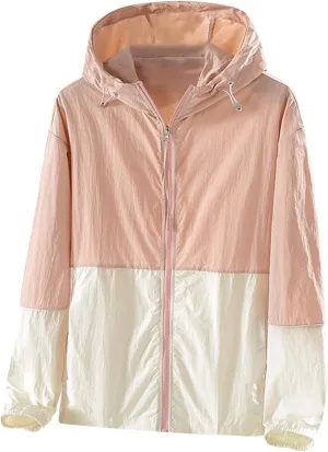 Women's Sun Protection Windbreaker Zip Up Color Block Drawstring Hooded Jacket Outerwear Lightweight Coat with Pockets