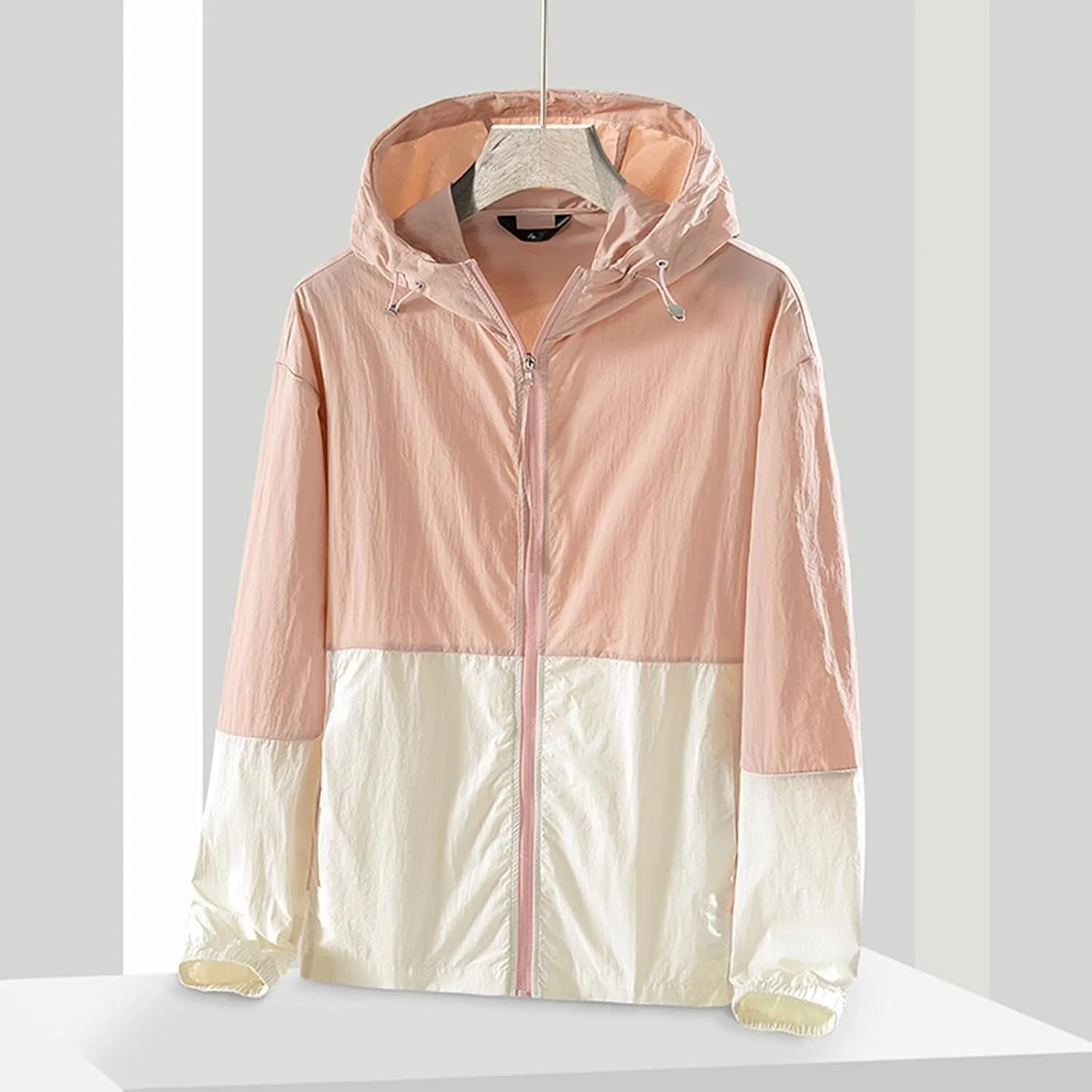 Women's Sun Protection Windbreaker Zip Up Color Block Drawstring Hooded Jacket Outerwear Lightweight Coat with Pockets