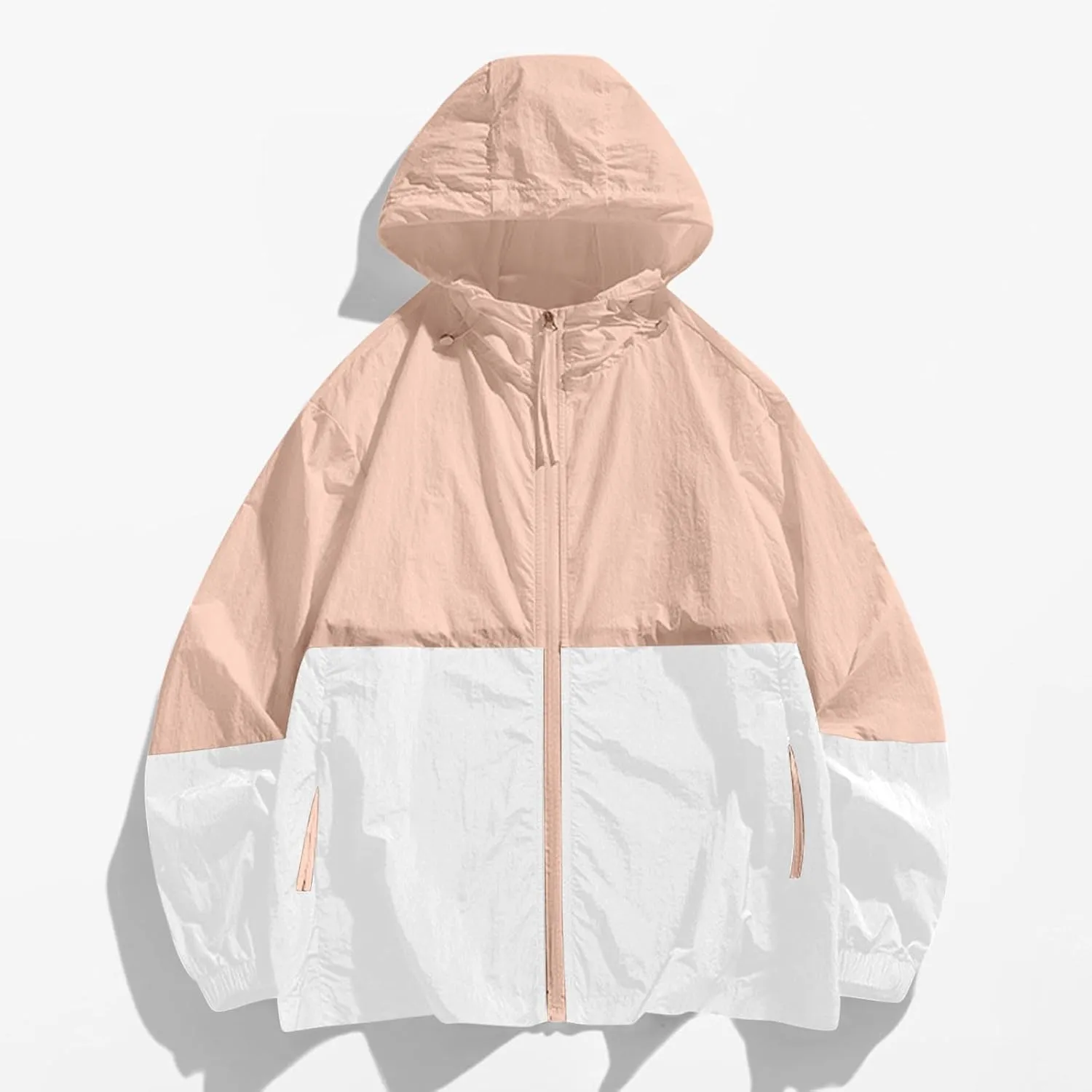 Women's Sun Protection Windbreaker Zip Up Color Block Drawstring Hooded Jacket Outerwear Lightweight Coat with Pockets