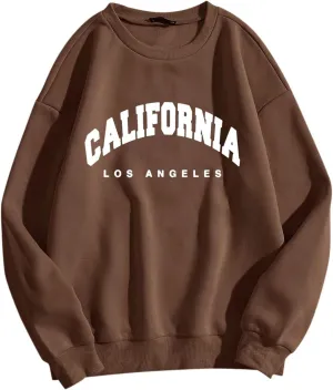 Womens Sweatshirts No Hood California Letter Print Long Sleeve Round Neck Pullover Warm Fleece Pullover Fall Winter 2023