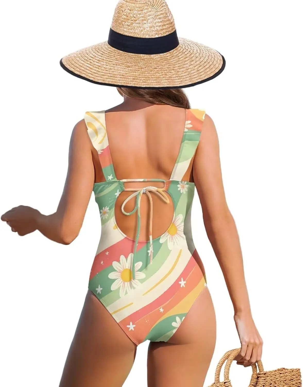 Womens Swimsuits Ruffle Tummy Control Bathing Suits V Neck Swimwear Summer Bikini for Pool Vacation Party XS-2XL