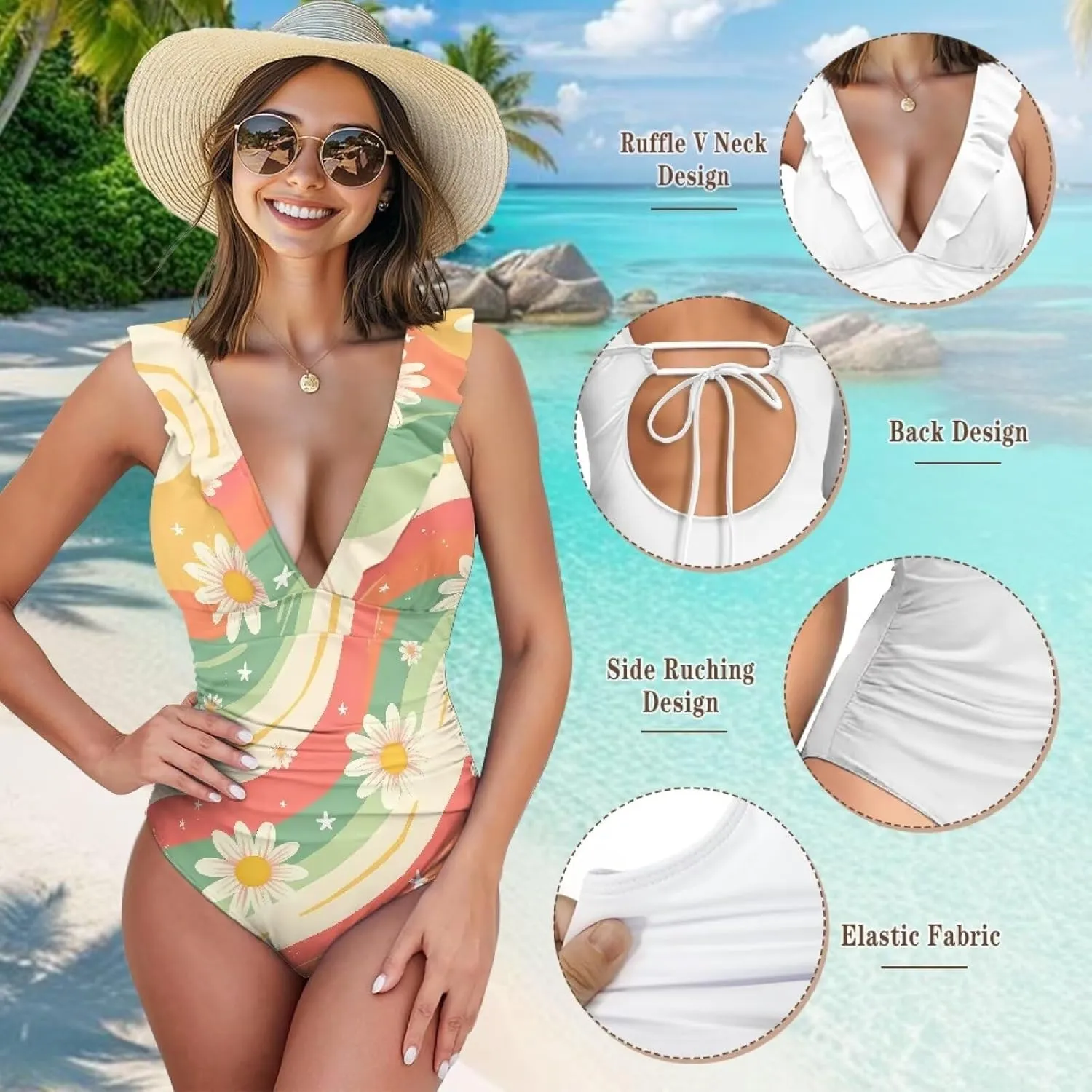 Womens Swimsuits Ruffle Tummy Control Bathing Suits V Neck Swimwear Summer Bikini for Pool Vacation Party XS-2XL