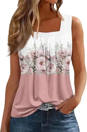 Womens Tank Tops for Women - Loose Fit Pleated Square Neck Sleeveless Tops Curved Hem Flowy Loose Fit Shirts 2025