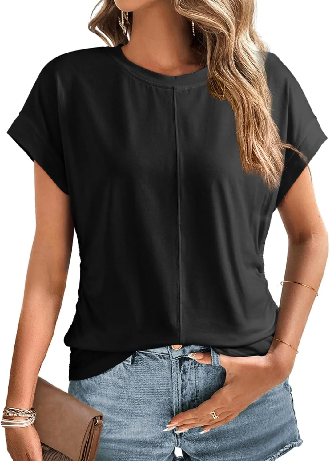 Womens Tops Oversized Business Casual Summer Shirts Trendy Cap Sleeve Crew Neck Loose Fit Basic Tee Outfits